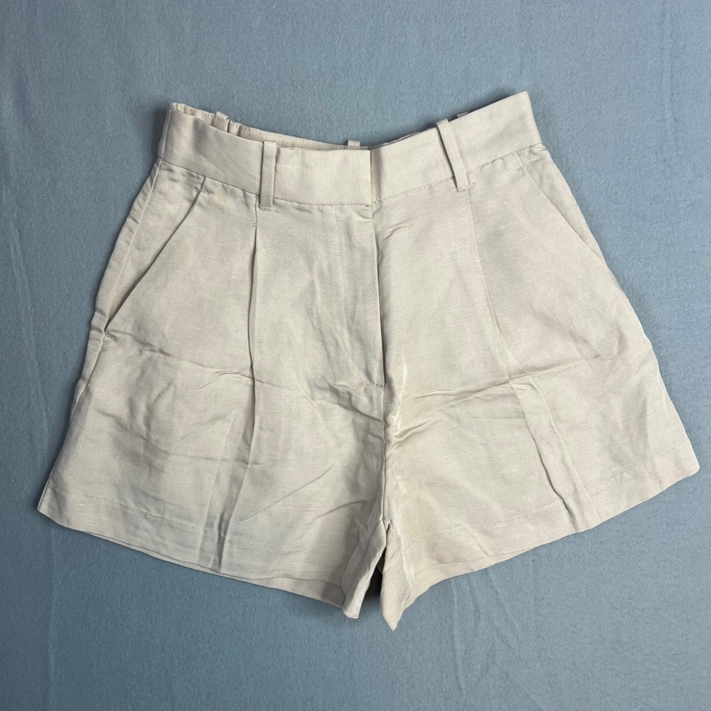 H&M Linen Blend Shorts Women Size 4 Beige High Waist Minimalist Tailored NWT